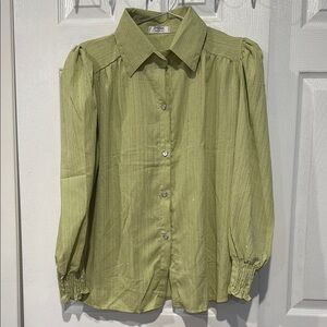 Green Puff Sleeve Notched Collar Button Down Shirt